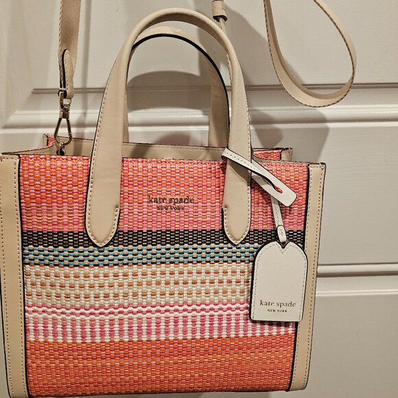 Kate Spade Manhattan Medium Tote – Woven Stripe, Crossbody, Like New - Picture 1 of 2